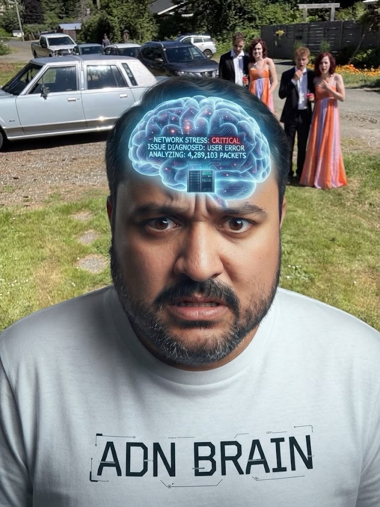 Retrato humorístico de Mike con camiseta ADN Brain y un cerebro luminoso ilustrado